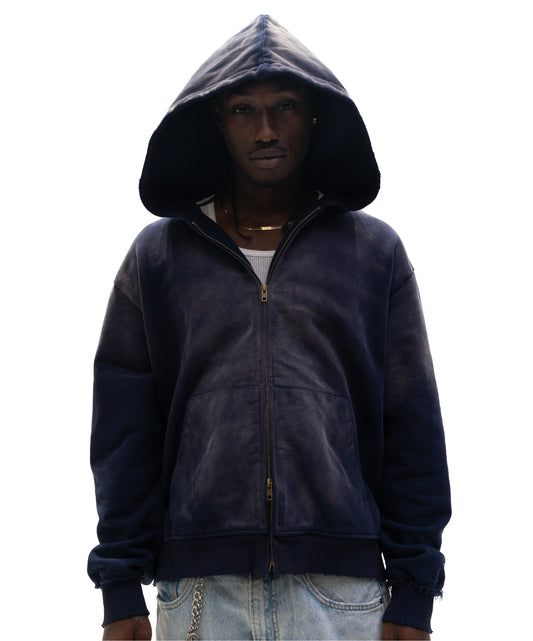 worn navy zip up